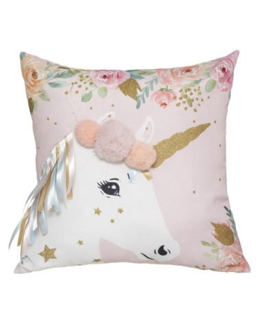 Coussin enfant licorne et pompons rose 40x40cm