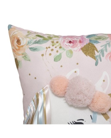 Coussin enfant licorne et pompons rose 40x40cm