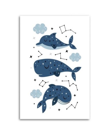 Tableau enfant merry whales bleu 50x70