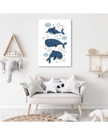 Tableau enfant merry whales bleu 50x70