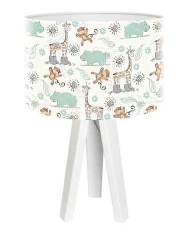 Lampe de chevet enfant trépied blanc abat jour vert et beige