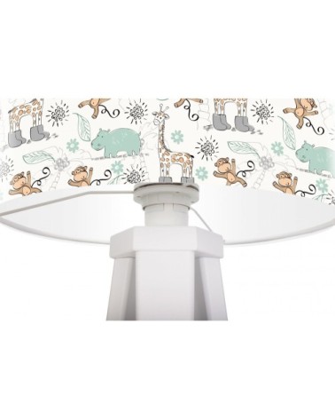 Lampe de chevet enfant trépied blanc abat jour vert et beige