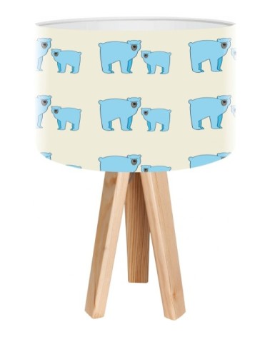 Lampe de chevet enfant trépied bois abat jour bleu et beige