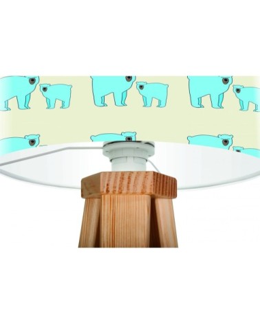 Lampe de chevet enfant trépied bois abat jour bleu et beige