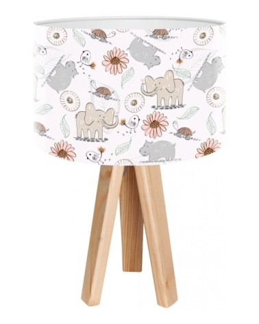 Lampe de chevet enfant trépied bois abat jour gris et beige