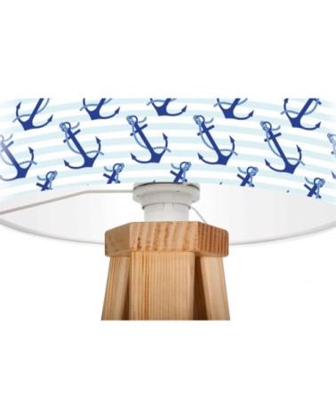 Lampe de chevet enfant trépied bois abat jour blanc et bleu