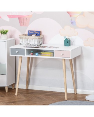 Bureau enfant style scandinave 2 tiroirs et 1 niche blanc