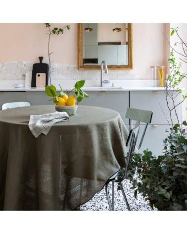 Nappe carrée 170x170 cm Kaki grisé et bourdon noir en Lin