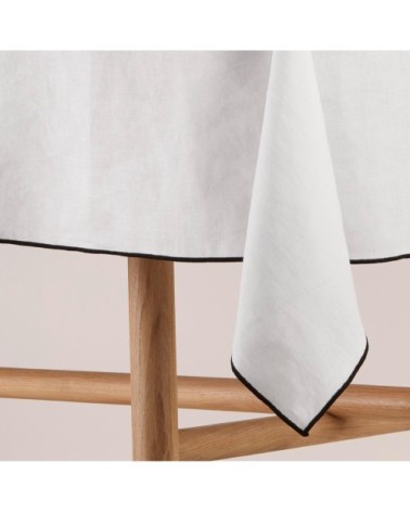 Nappe rectangulaire 170x320 cm Blanc pur et bourdon noir en Lin