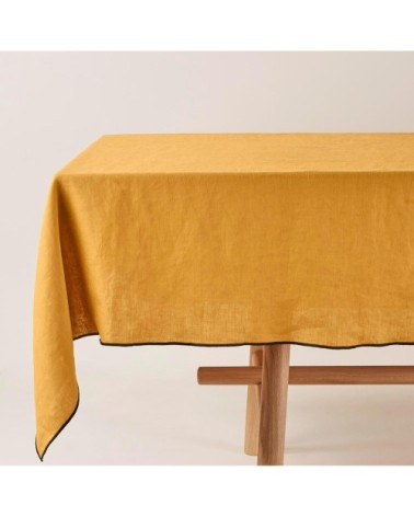 Nappe carrée 170x170 cm Ocre et bourdon noir en Lin