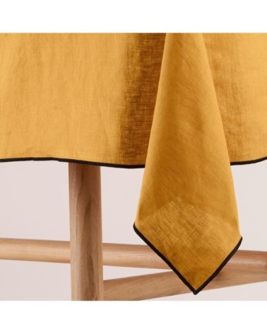 Nappe carrée 170x170 cm Ocre et bourdon noir en Lin