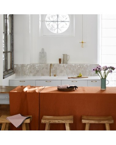 Nappe rectangulaire 170x320 cm Terracotta et bourdon noir en Lin