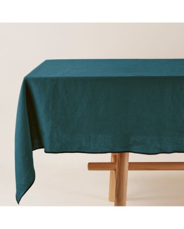 Nappe rectangulaire 170x320 cm Pétrole et bourdon noir en Lin