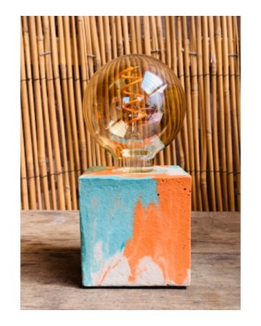 Lampe cube marbré en béton turquoise & orange