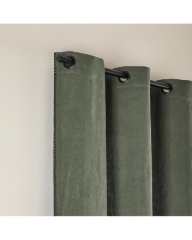 Rideau à oeillets noirs 135x350 cm Kaki grisé et feston noir en Lin