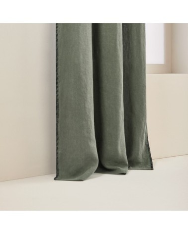 Rideau à oeillets noirs 135x350 cm Kaki grisé et feston noir en Lin