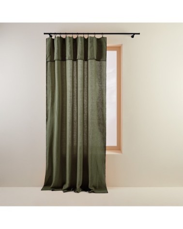 Rideau panneau 150x280 cm Kaki grisé et bourdon noir en Lin