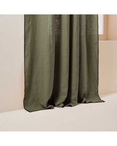 Rideau panneau 150x280 cm Kaki grisé et bourdon noir en Lin