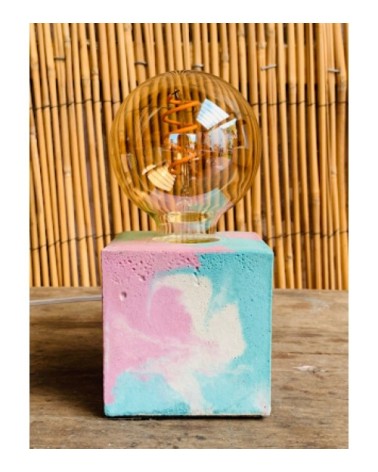 Lampe cube marbré en béton rose & turquoise