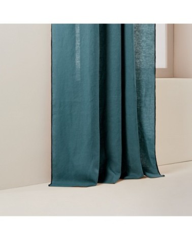 Rideau à galon fronceur 135x350 cm Pétrole et bourdon noir en Lin