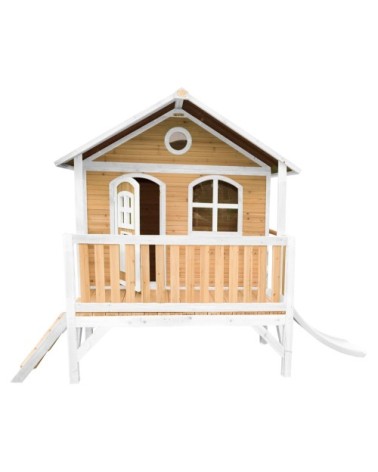 Maisonnette sur pilotis en bois brun/blanc avec toboggan blanc