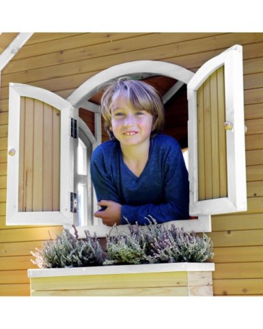 Maisonnette sur pilotis en bois brun/blanc avec toboggan blanc