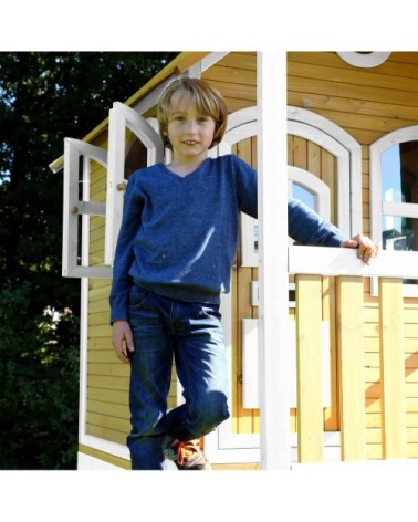 Maisonnette sur pilotis en bois brun/blanc avec toboggan blanc