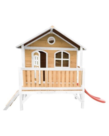 Maisonnette sur pilotis en bois brun/blanc avec toboggan rouge