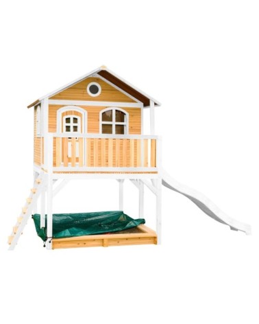 Maisonnette en bois brun/ blanc sur pilotis avec toboggan blanc