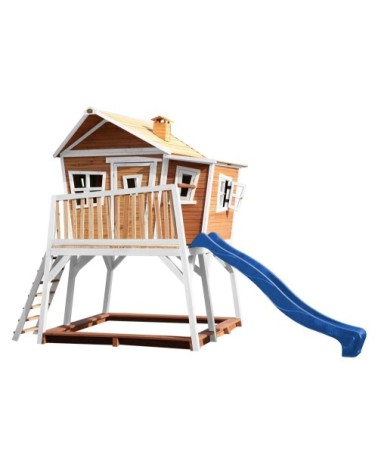 Cabane de en bois brun/blanc et toboggan bleu