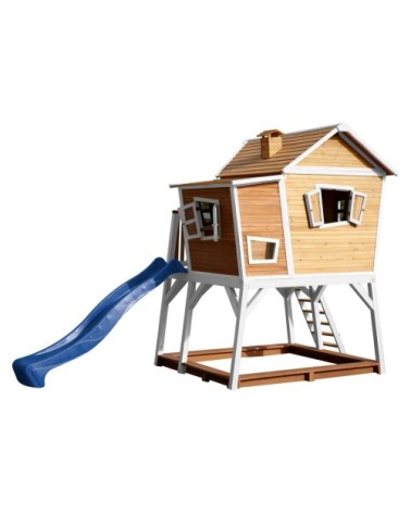 Cabane de en bois brun/blanc et toboggan bleu