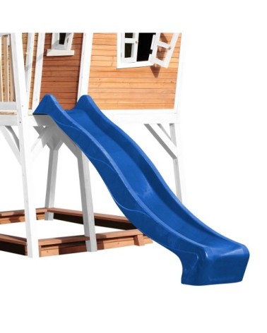 Cabane de en bois brun/blanc et toboggan bleu