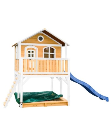 Maisonnette en bois brun/ blanc sur pilotis avec toboggan bleu