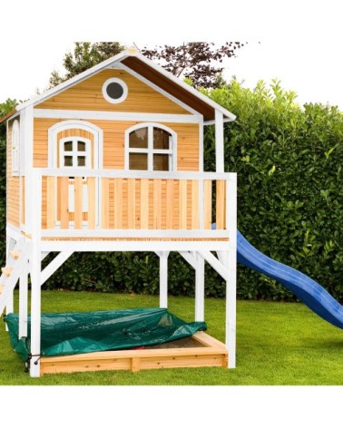 Maisonnette en bois brun/ blanc sur pilotis avec toboggan bleu