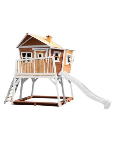 Cabane de en bois brun/blanc et toboggan blanc