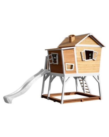 Cabane de en bois brun/blanc et toboggan blanc