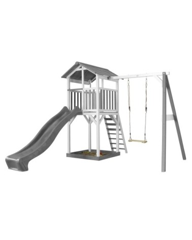 Aire de jeux 1 balançoire bois et toboggan gris