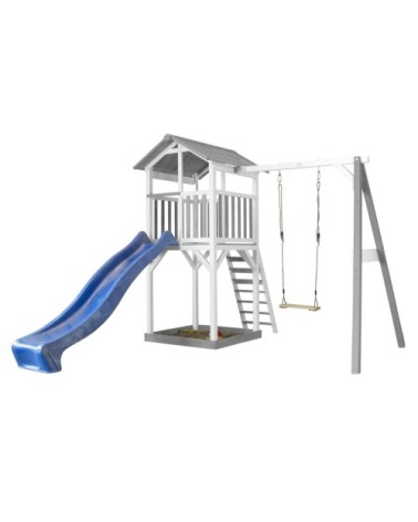 Aire de jeux 1 balançoire bois et toboggan bleu