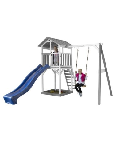 Aire de jeux 1 balançoire bois et toboggan bleu