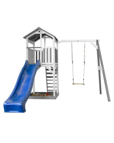 Aire de jeux 1 balançoire bois et toboggan bleu