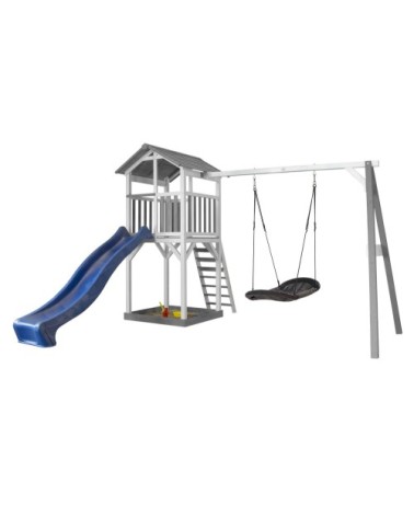 Aire de jeu avec 1 balançoire nid ovale et toboggan bleu