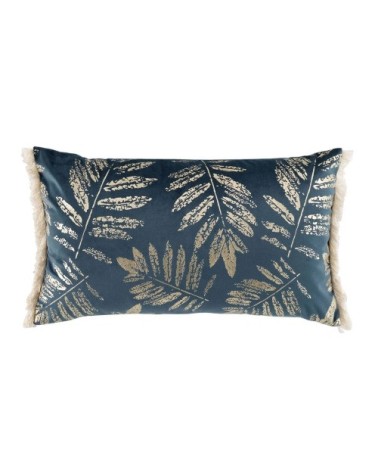 Coussin franges aspect velours or bleu 30x50cm
