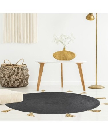 Tapis rond coton pompon gris D90cm