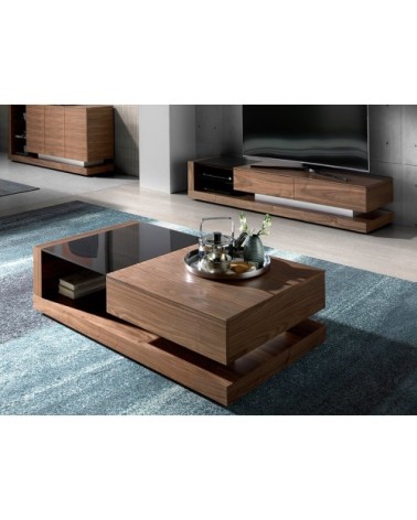 Table basse en bois et vitrail noir