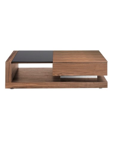 Table basse en bois et vitrail noir