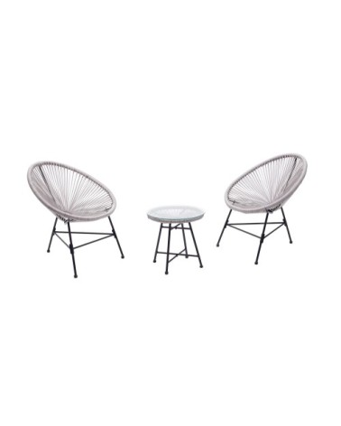 Salon de jardin 2 fauteuils ronds et table basse gris clair