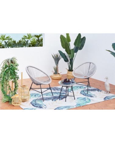 Salon de jardin 2 fauteuils ronds et table basse gris clair