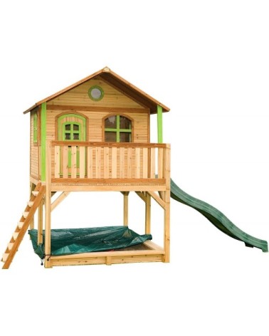 Cabane enfant sur pilotis avec toboggan et bac à sable marc