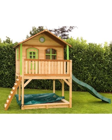 Cabane enfant sur pilotis avec toboggan et bac à sable marc