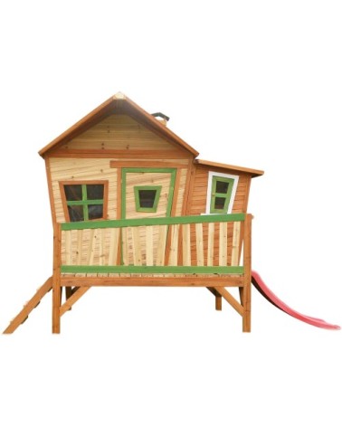 Grande cabane en bois sur pilotis avec escalier et toboggan